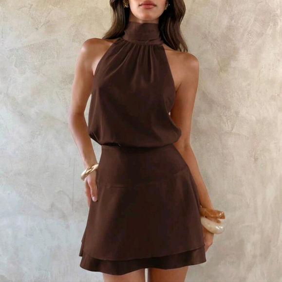 Women's Sexy & Elegant Halter Neck Chiffon Waist Ruched Dress - Picture 1 of 4